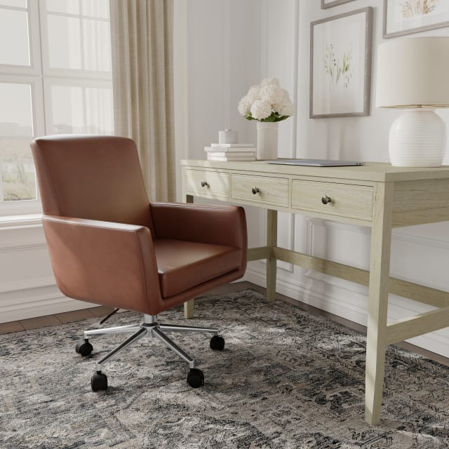 Zaya Upholstered Office Chair in Saddle Brown/Polished Nickel