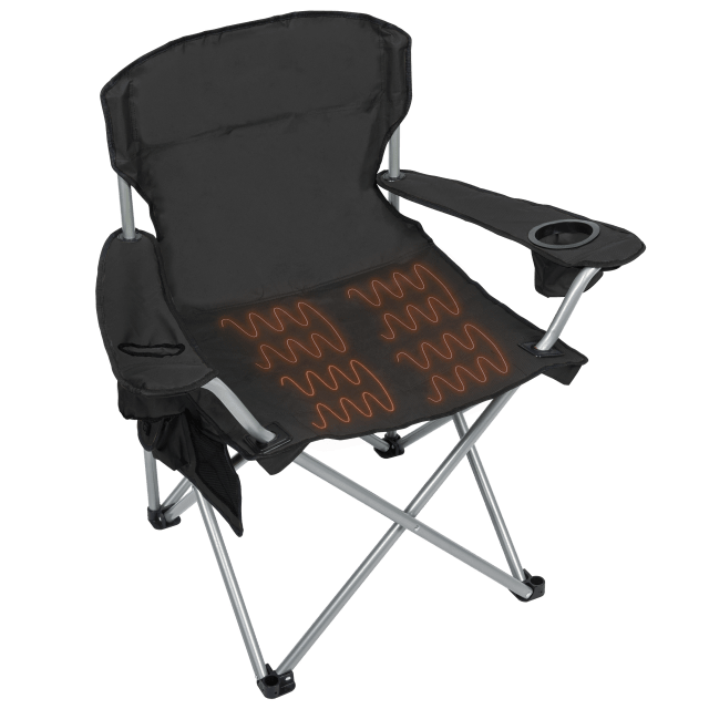 Camp & Go Heavy-Duty Heated Quad Outdoor Camping Chair, Folding Heated Chair with 18" USB Cable, Storage Compartment, and Cup Holder, Black