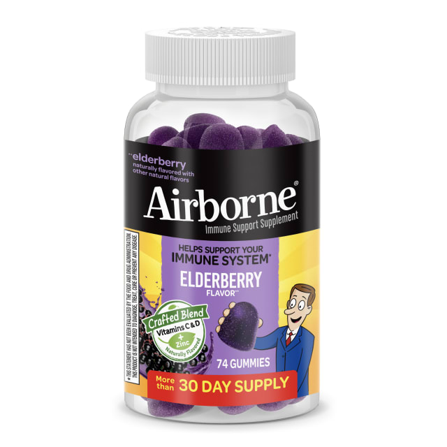 Airborne Gominolas de Saúco + Zinc y Vitamina C para adultos, Vitaminas de apoyo inmunitario D y Zinc con potentes antioxidantes C, D y E - 74 gominolas, sabor saúco