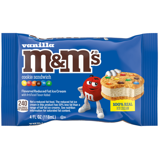 M&amp;M'S Vanilla Ice Cream Cookie Sandwich, Reduced Fat Vanilla Ice Cream Dessert Cookie Sandwich, 4 Oz