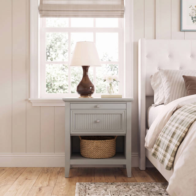 Bedford Fluted 1-Drawer Nightstand with Charging Station, Pull-out Tray, Open Storage Shelf and Solid Wood Frame, Bedford Gray, Set of 2
