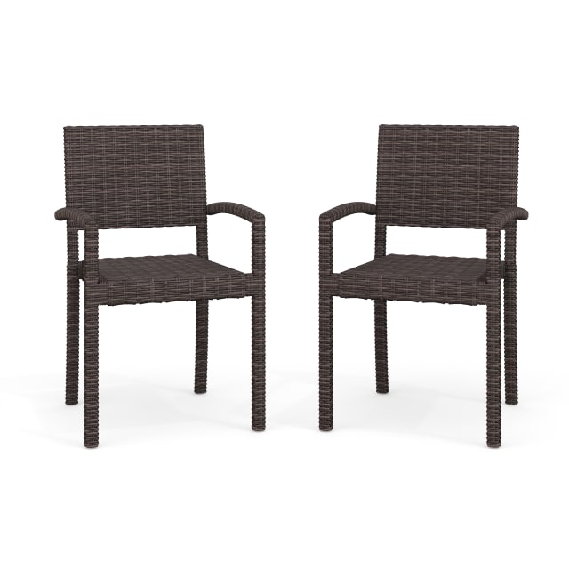 Bedford Set of 2 Indoor-Outdoor Stackable Patio Dining Armchairs in Brown Rattan Wicker