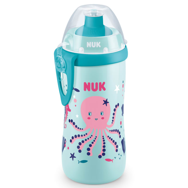 NUK Junior Cup Kids Water Bottle with Chameleon Effect | Colour Changing Leak-Proof Sippy Cup with Soft Push-Pull Spout | 18+ Months | Clip & Protective Cap | 300 ml | BPA-Free | Octopus (Teal)