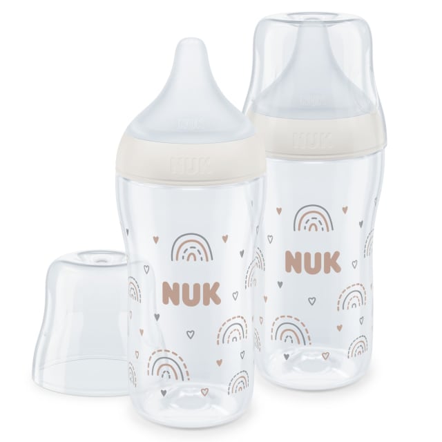 NUK Perfect Match Baby Bottles Set | 3+ Months | Adapts to Baby's Palate | Temperature Control | Anti Colic Vent | 260 ml | BPA-Free | Medium Silicone Teat | Rainbow | 2 Count