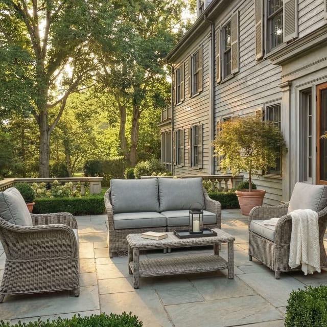 Lily Pond 5 Piece Indoor-Outdoor Conversation Set, Modular Loveseat, 2 Chairs, Coffee Table, Weathered Gray Rattan Wicker, Gray All-Weather Cushions