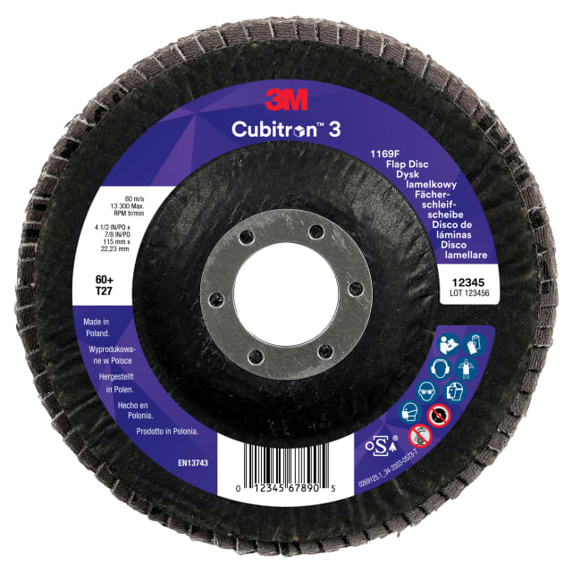 3M™ Cubitron™ 3 Fächerschleifscheibe 1169F, 60+, T27-Flach, 115 mm x 22,23 mm, 10/Pack, 100 Stück/Packung