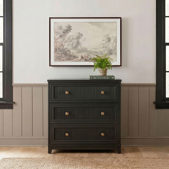 Bedford Fluted Modular 3-Drawer Wooden Storage Media Cabinet with Gold Hardware, Solid Wood Frame and Legs, Black