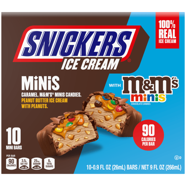 SNICKERS Ice Cream Minis, Caramel Peanut Butter Ice Cream Bars with M&M'S MINIS Milk Chocolate Candy and Peanuts, 10 Pack
