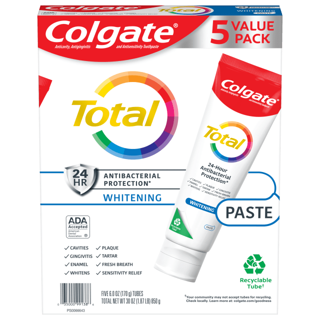 Colgate Total Whitening Toothpaste, Mint Toothpaste, 6 oz Tube, 5 Pack