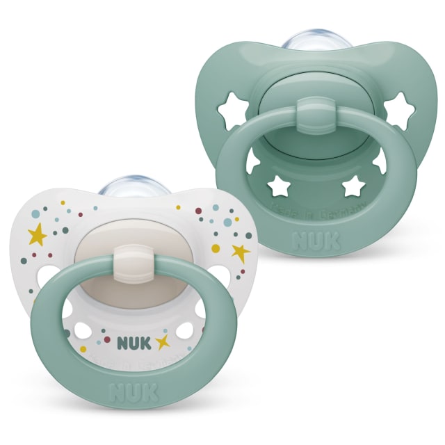 NUK Signature Baby Dummy | 0-6 months | Soothes 95% of Babies | Heart-Shaped BPA-Free Silicone Soothers | Includes Case | Green Stars | 2 Count