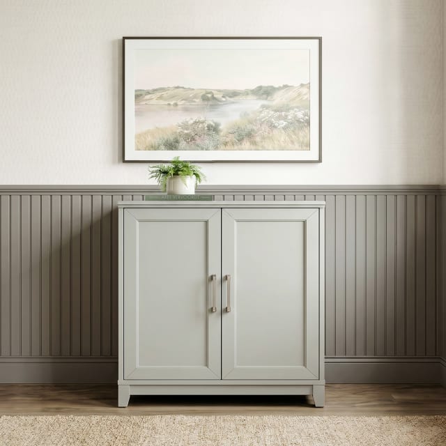 Bedford Modular Shaker Storage Cabinet with Adjustable Shelf, Soft-Close Doors, Brushed Stainless Steel Hardware, Solid Wood Frame/Legs, Bedford Gray