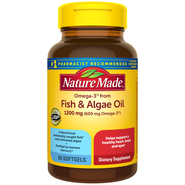 Nature Made Omega 3 Fish Oil and Algae Oil Supplements, 1200mg, Omega 3 Supplement for Heart, Brain and Eyes Support, One Per Day, 60 Softgels