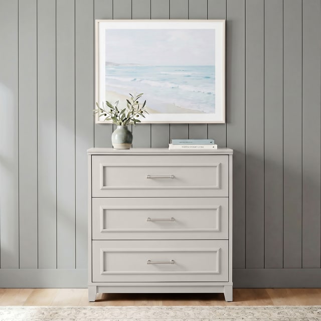 Lily Pond Modular 3-Drawer Wooden Storage Media Cabinet with Brushed Stainless Steel Hardware, Solid Wood Frame and Legs, Sharkey Gray