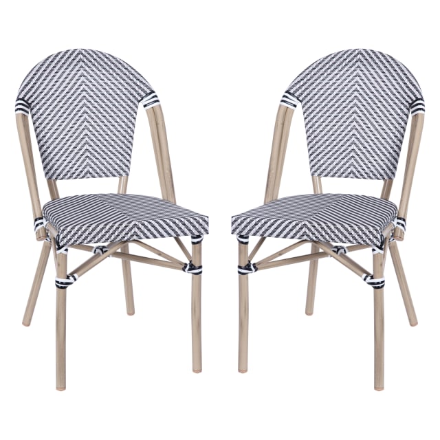 Marseille Set of 2 Indoor/Outdoor Commercial Bistro Stacking Chair, Black Textilene Back and Seat, Bamboo Print Aluminum Frame in Light Natural