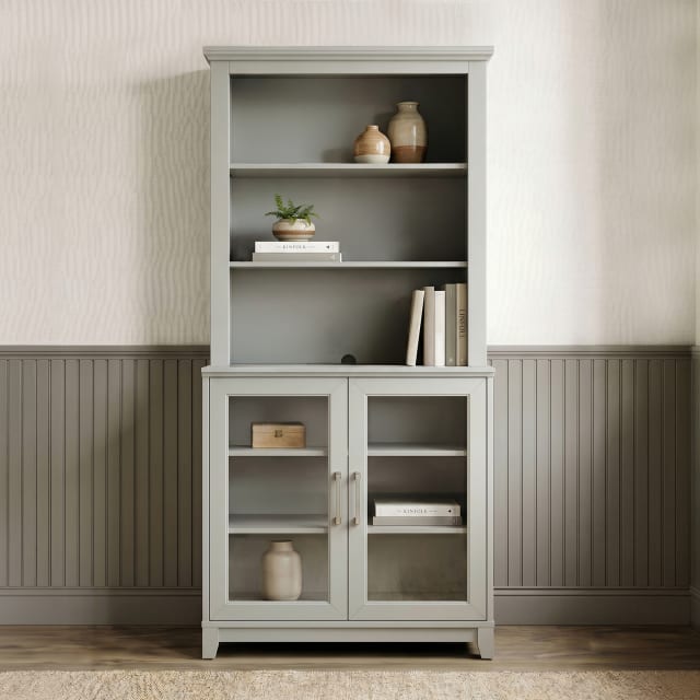 Bedford 2-Piece Modular Shaker Wood Cabinet and Hutch Set, Brushed Stainless Steel Hardware, Open Top Shelves, Soft-Close Glass Doors, Bedford Gray