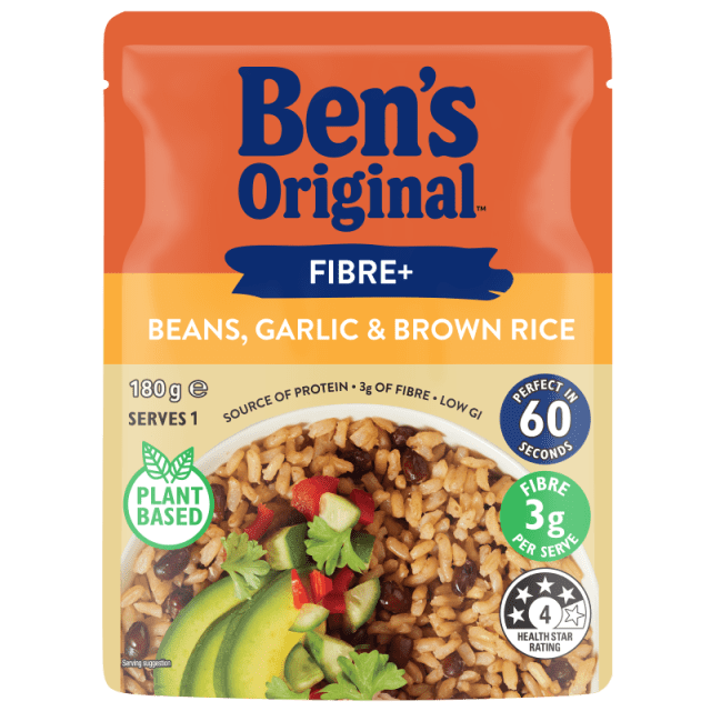 BEN'S ORIGINAL Microwave Rice Fibre+ Beans, Garlic &amp; Brown Rice 180g Pouch