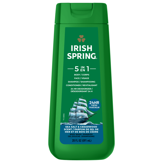 Gel douche hydratant 5 en 1 Irish Spring pour homme, shampooing, après-shampooing, nettoyant corps et visage et désodorisant 24 heures, sans parabène, parfum sel de mer et bois de cèdre, 591 ml