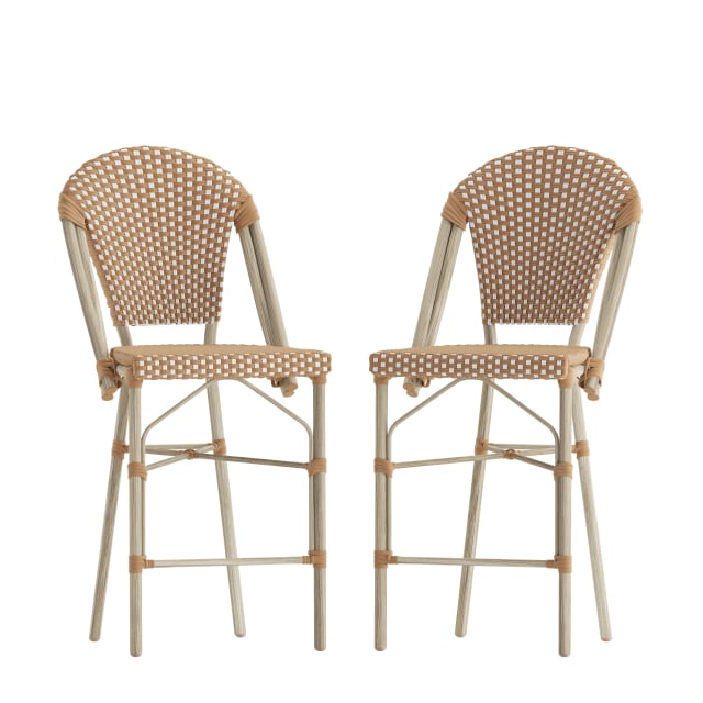 Lourdes Set of 2 Stackable Indoor/Outdoor Bistro 26" High Counter Height Stools, Commercial Grade, Natural/White and Light Natural Finish