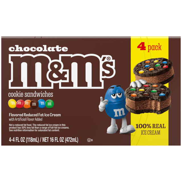 M&amp;M'S Ice Cream Chocolate Cookie Sandwiches, Reduced Fat Chocolate Ice Cream Dessert Cookie Sandwich, 4 Pack, 4 Oz