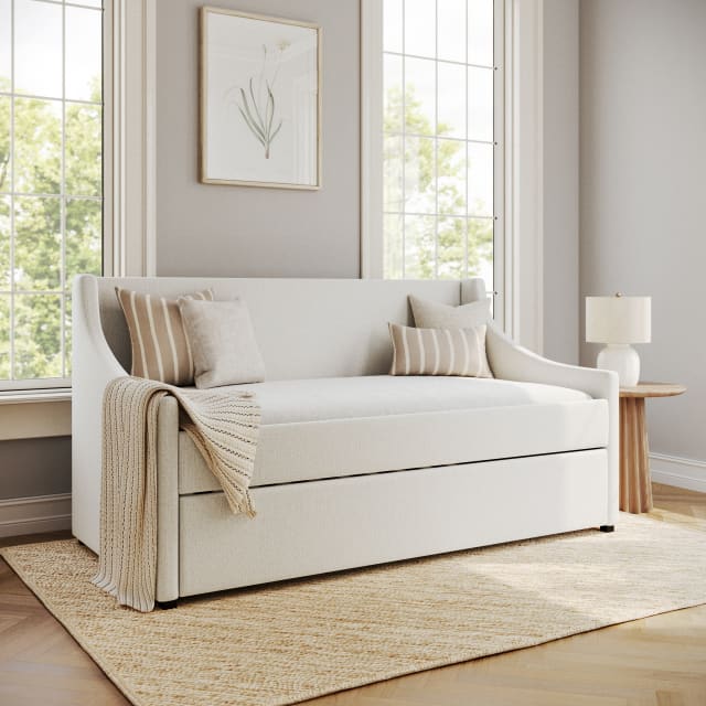 Simone Twin Upholstered Platform Daybed with Pull Out Trundle, Cushioned Headboard, Footboard, Side Rails, Trundle, No Box Spring Required, Off-White