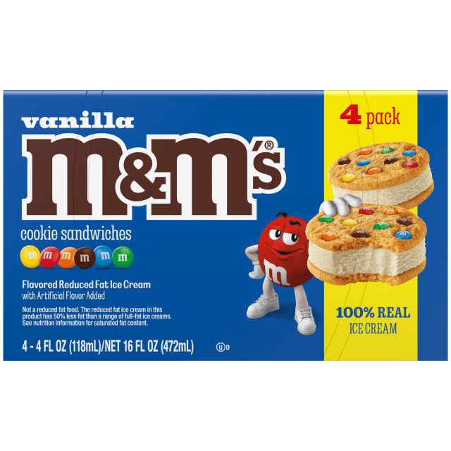 M&amp;M'S Vanilla Ice Cream Cookie Sandwiches, Reduced Fat Vanilla Ice Cream Dessert Cookie Sandwich, 4 Pack, 4 Oz