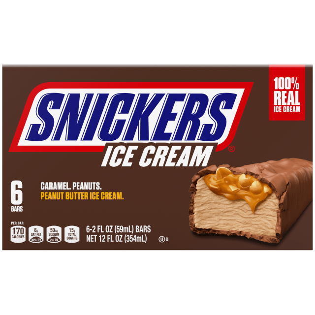 SNICKERS Ice Cream, Chocolatey Caramel Peanut Butter Ice Cream Bars Individually Wrapped Dessert, 6 Pack, 2 Oz Bars