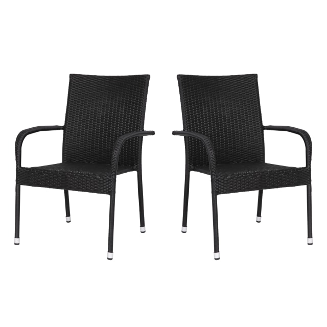 Maxim Set of 2 Stackable Indoor/Outdoor Wicker Dining Chairs with Arms - Fade & Weather-Resistant Steel Frames - Black