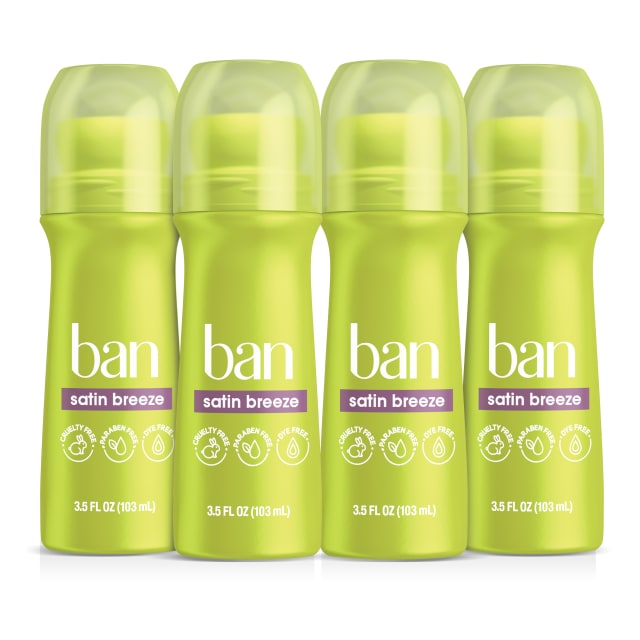 Ban Invisible Roll-On Antiperspirant Deodorant, Satin Breeze, 3.5 oz, 4pk