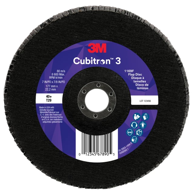 Disco Flap 3M™ Cubitron™ 3 1169F, 40+, T29-Cônico, 177,8 mm x 22,23 mm, 5 unidades/caixa