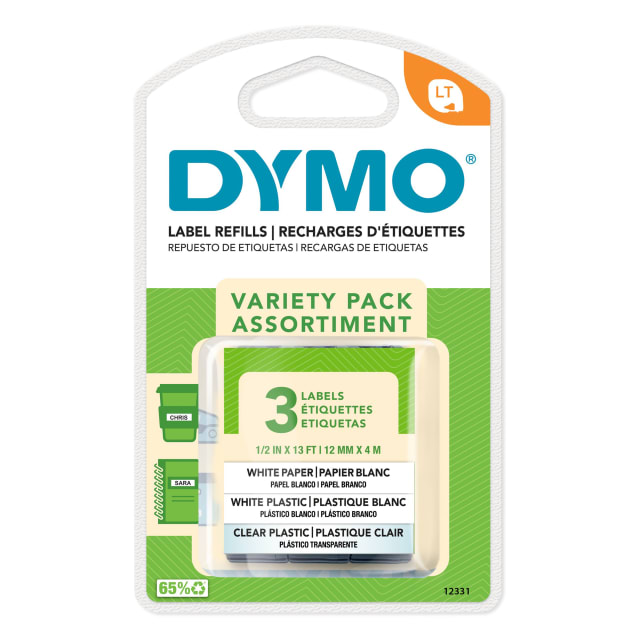 Assortiment dtiquettes DYMO LetraTag, 12 m x 4m, texte noir, 3 units