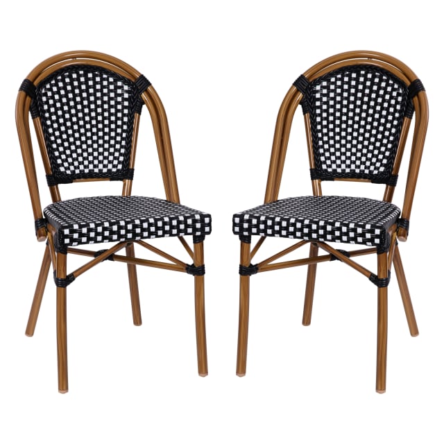 Bordeaux Set of 2 Indoor/Outdoor Commercial Bistro Stacking Chairs, Black/White PE Rattan Back and Seat, Bamboo Print Aluminum Frame in Natural