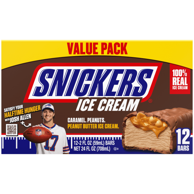SNICKERS Ice Cream, Chocolatey Caramel Peanut Butter Ice Cream Bars Individually Wrapped Dessert, 12 Pack, 2 Oz Bars
