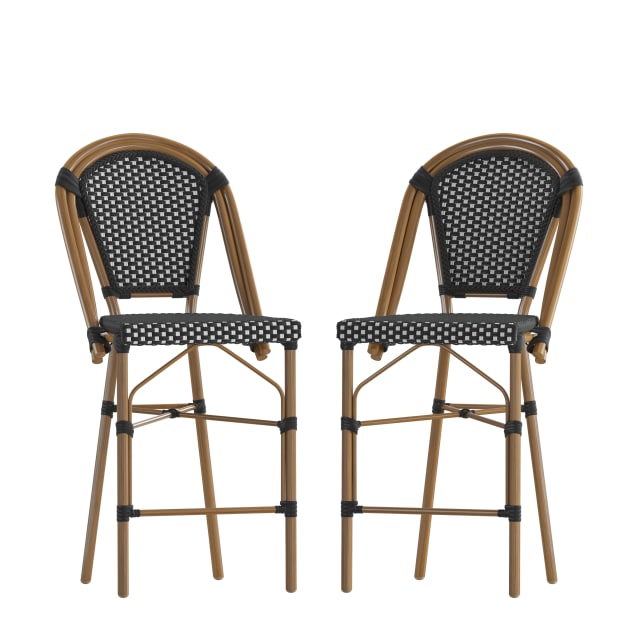 Bordeaux Set of 2 Stackable Indoor/Outdoor Bistro 26" High Counter Height Stools, Commercial Grade, Black/White and Bamboo Finish
