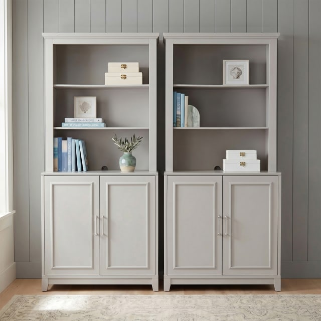 Lily Pond 4-Piece Modular Cabinet and Hutch Set with Brushed Stainless Steel Hardware, Open Top Shelves, Soft-Close Doors, Sharkey Gray