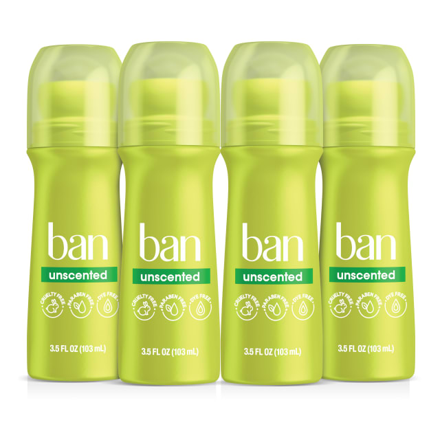 Ban Invisible Roll-On Antiperspirant Deodorant, Unscented, 3.5 oz, 4pk