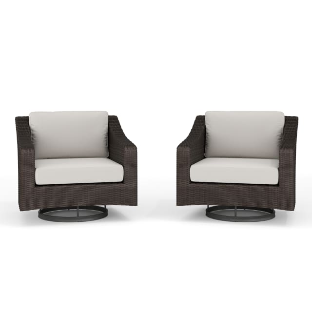 Bedford Set of 2 Indoor-Outdoor Patio Chairs in Brown Rattan Wicker with 360° Swivel and Tan All-Weather Cushions