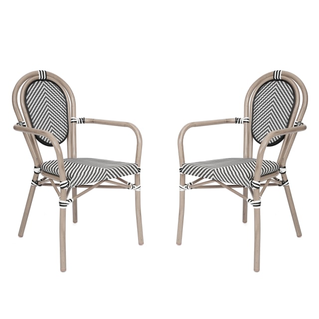 2 Pack Marseille Indoor/Outdoor Commercial Thonet Bistro Stack Chair with Arms, Black/White Textilene and Bamboo Aluminum Frame in LT Natural