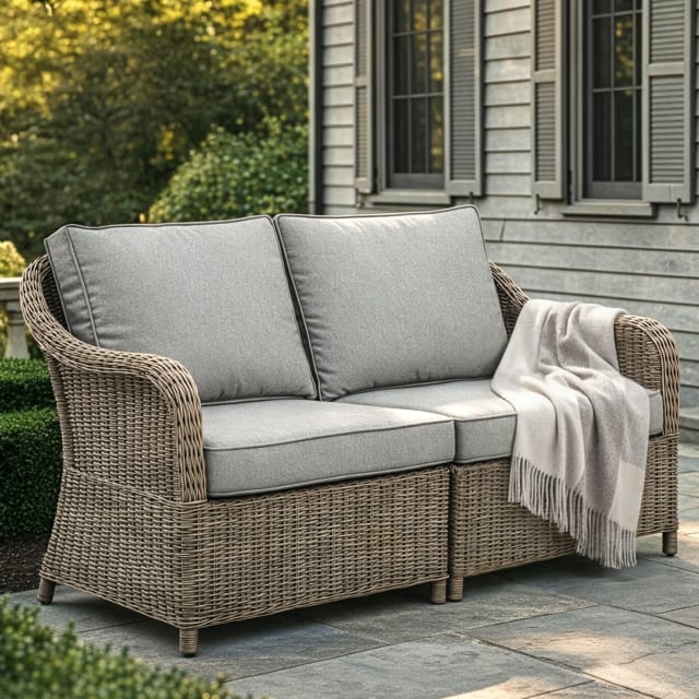 Lily Pond Indoor-Outdoor Modular Patio Loveseat in Weathered Gray Rattan Wicker with Gray All-Weather Cushions