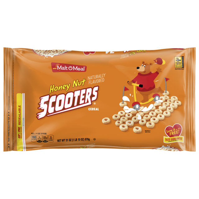 Malt-O-Meal Honey Nut Scooters Breakfast Cereal, Oat Cereal with Honey Nut Flavor, 31 oz Bag