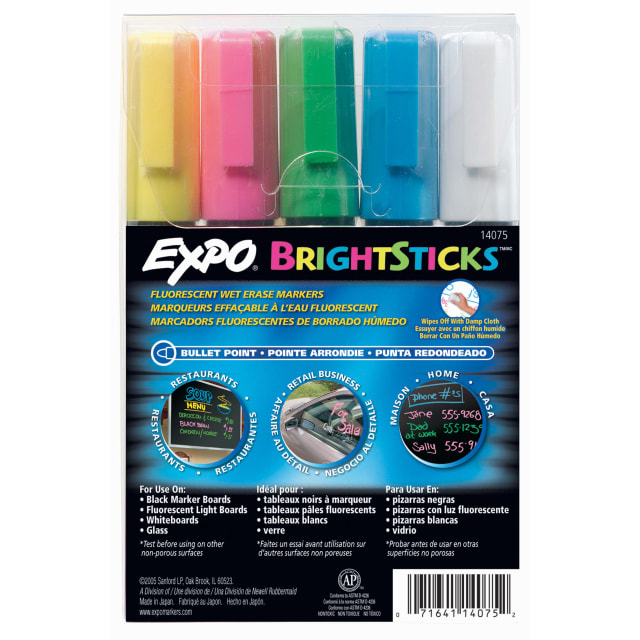 Marqueurs fluorescents effaables l'eau EXPO Bright Sticks, pointe conique, couleurs assorties, 5 units