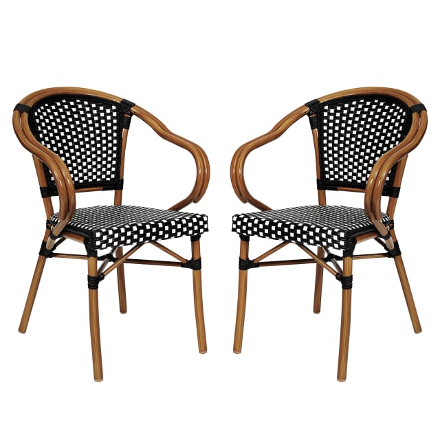 2 Pack Bordeaux Indoor/Outdoor Commercial Bistro Stacking Chair with Arms, Black and White PE Rattan and Bamboo Print Aluminum Frame in Natural