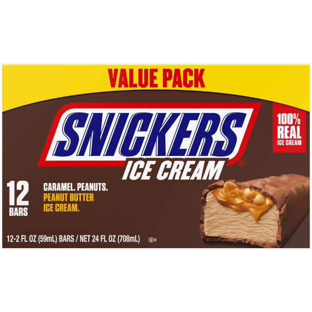 SNICKERS Ice Cream, Chocolatey Caramel Peanut Butter Ice Cream Bars Individually Wrapped Dessert, 12 Pack, 2 Oz Bars