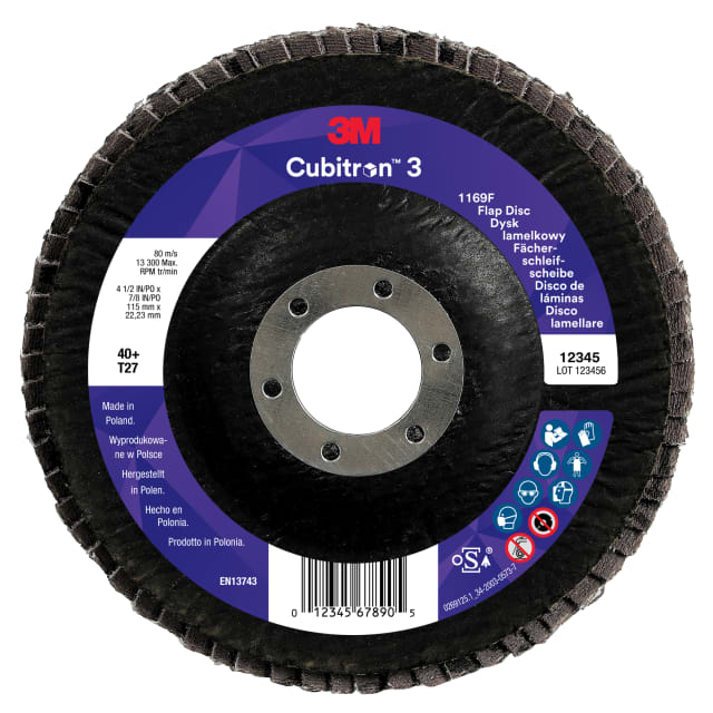 3M™ Cubitron™ 3 Fächerschleifscheibe 1169F, 40+, T27-Flach, 115 mm x 22,23 mm, 10/Pack, 100 Stück/Packung