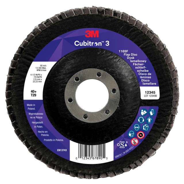 3M™ Cubitron™ 3 Fächerschleifscheibe 1169F, 40+, T29-Konisch, 115 mm x 22,23 mm, 10/Pack, 100 Stück/Packung
