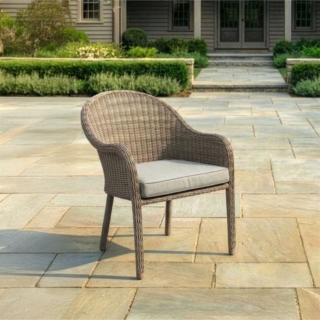 Lily Pond Indoor-Outdoor Stackable Patio Dining Armchair in Weathered Gray Rattan Wicker with Gray All-Weather Seat Cushion