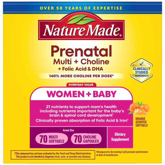 Nature Made Prenatal Vitamin Softgels + Choline Capsules, Folic Acid + DHA + Choline, 70 Prenatal Vitamins for Women, 70 Choline Supplements Capsules, 70 Day Supply