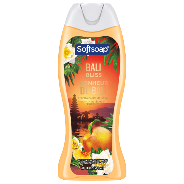 Gel douche hydratant Softsoap Bonheur de Bali, pH équilibré, sans parabènes, nettoyant corporel et gel douche, parfum de pêche et de gardénia, bouteille de 591 ml