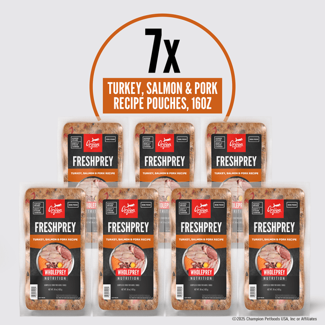 ORIJEN FRESHPREY Frozen Dog Food – 100% Human Grade, Gently Steam Cooked, Thaw and Serve - 85% Animal Ingredients* – Turkey, Salmon & Pork Recipe – Complete Food for Adult Dogs