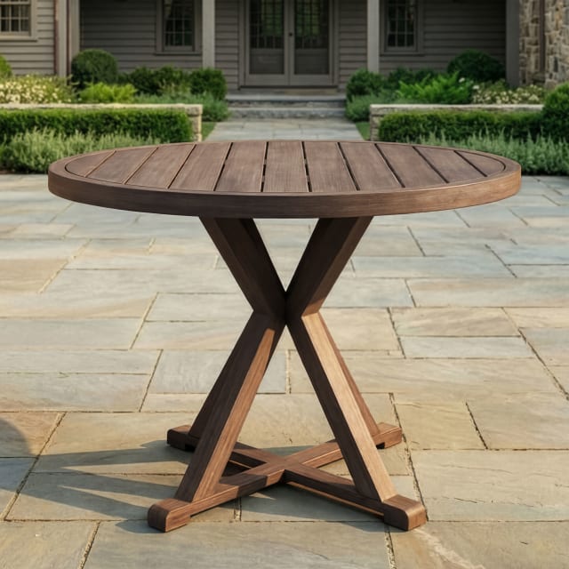 Bedford 36" Round Indoor-Outdoor Patio Table with Trestle Base in Brown Brushed Woodgrain Aluminum Finish