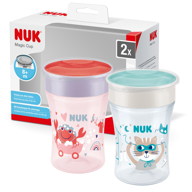 NUK Magic Cup Sippy Cups | 360 Anti-Spill Rim | 8+ Months | Leak-Proof | 230 ml | Red Crab | 2 Pack